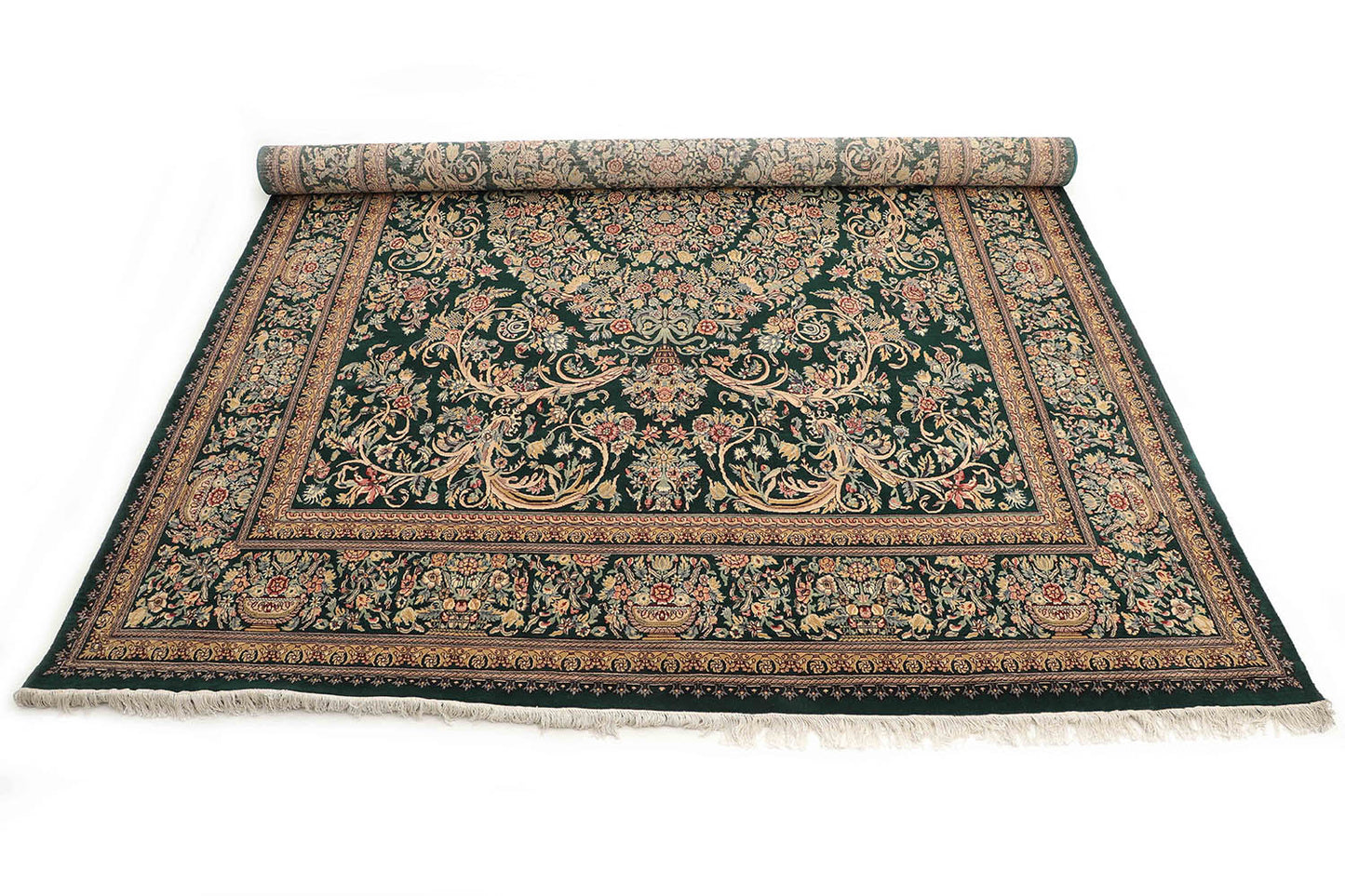 Hand-Knotted Lahore Carpet 9'.7" X 13'.10" Oriental, Green Fine Wool Area Rug 10x14