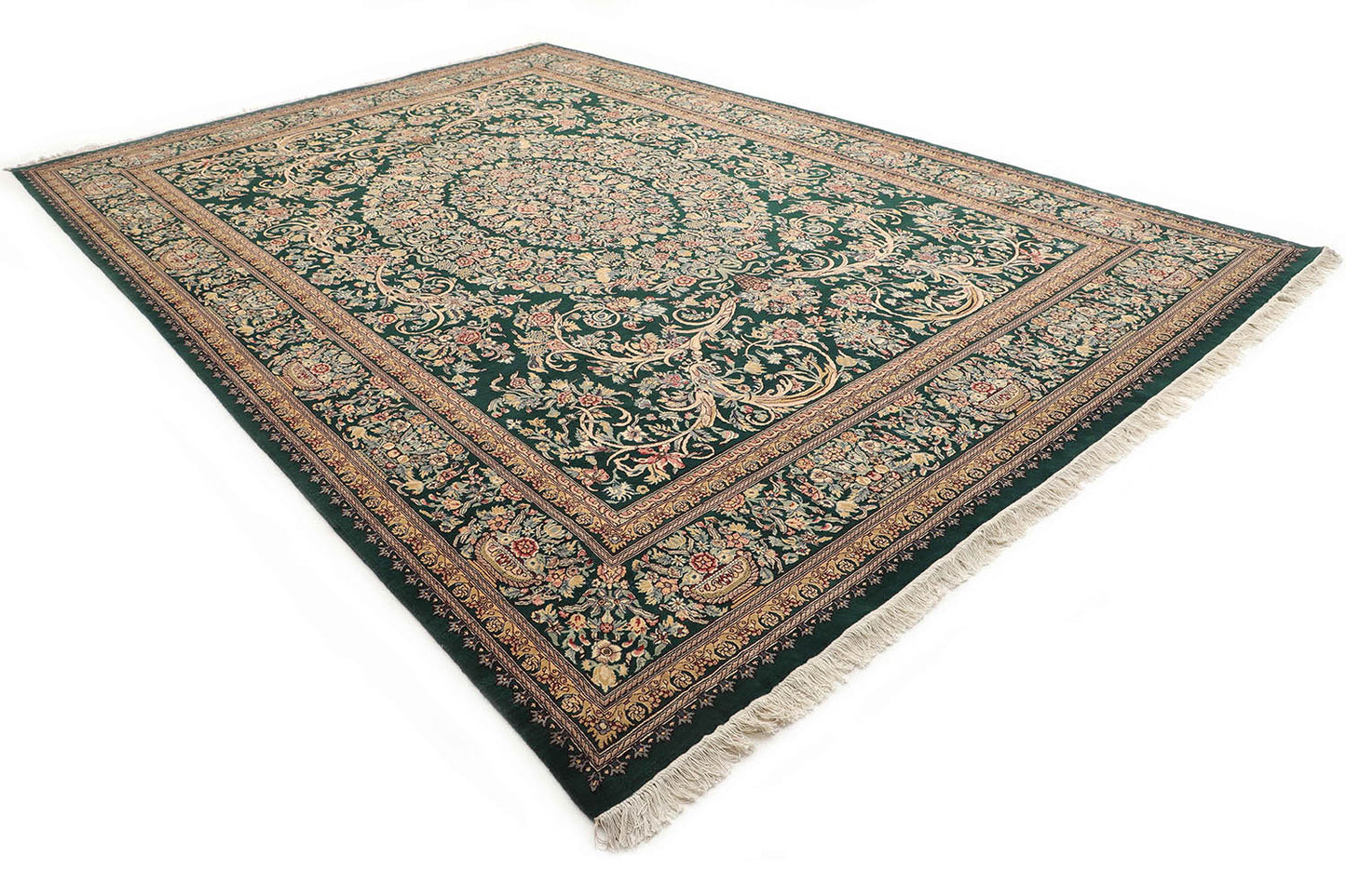 Hand-Knotted Lahore Carpet 9'.7" X 13'.10" Oriental, Green Fine Wool Area Rug 10x14