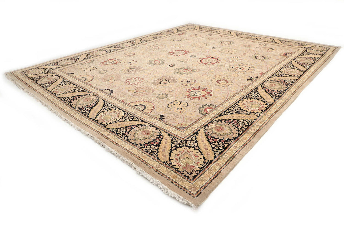 Hand-Knotted Lahore Carpet 12' X 14'.10" Oriental, Bone Fine Wool Area Rug 12x15