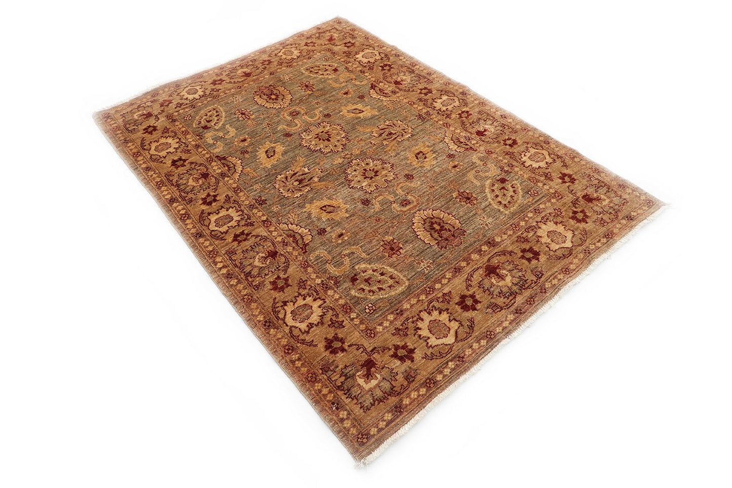 Hand-Knotted Oushak Carpet 4'.2" X 5'.9" Traditional, Green Fine Wool Area Rug 4x6