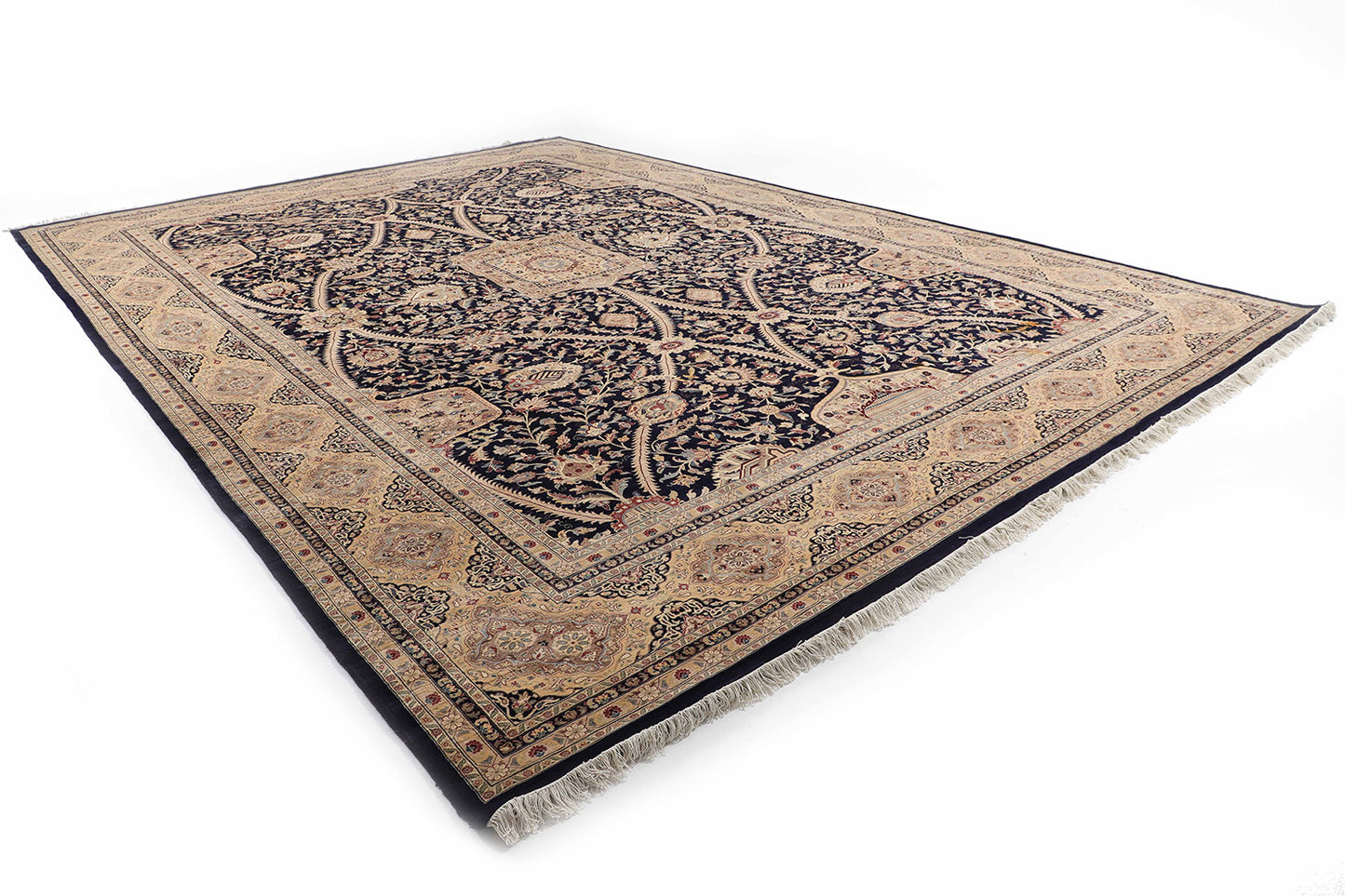 Hand-Knotted Lahore Carpet 12'.2" X 17'.7" Oriental, Blue Fine Wool Area Rug 12x18