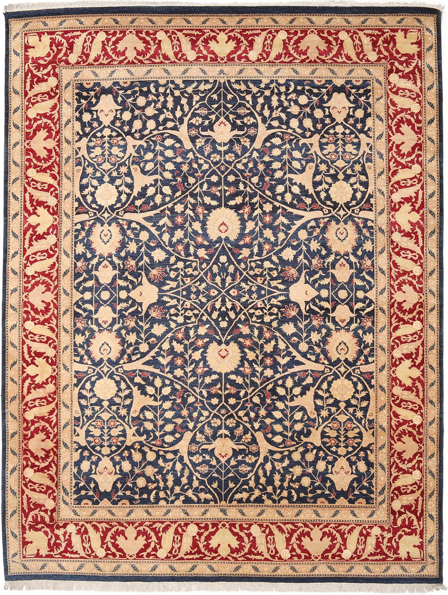 Hand-Knotted Lahore Carpet 9'.1" X 11'.10" Oriental, Red Fine Wool Area Rug 9x12