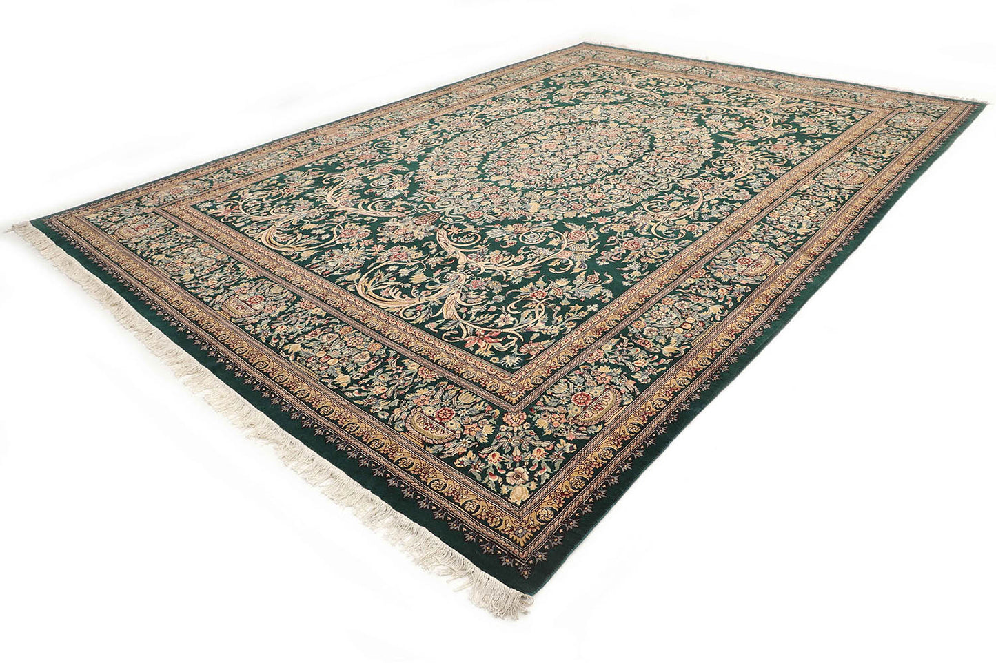 Hand-Knotted Lahore Carpet 9'.7" X 13'.10" Oriental, Green Fine Wool Area Rug 10x14