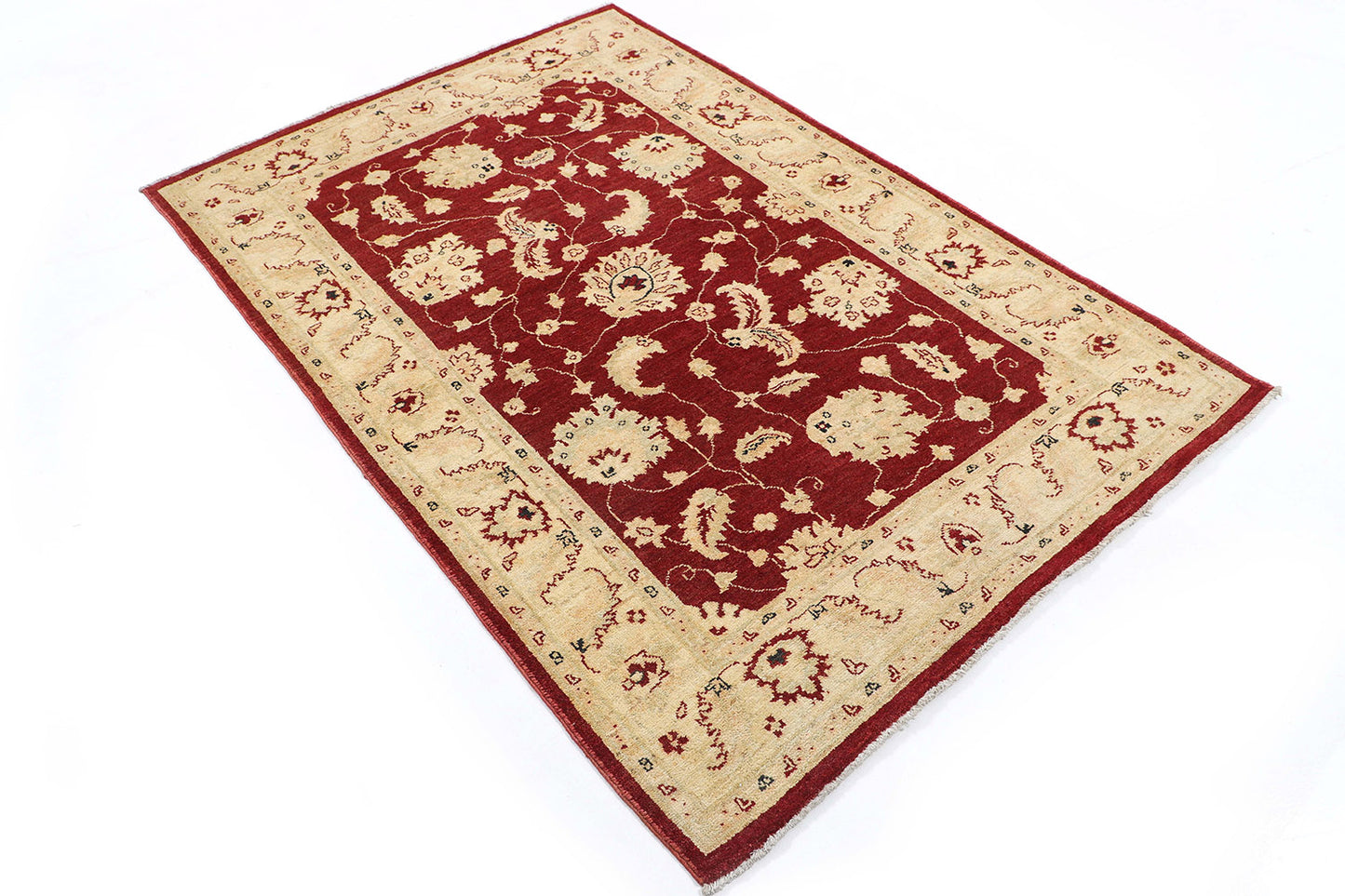 Hand-Knotted Oushak Carpet 4'.1" X 6' Traditional, Red Fine Wool Area Rug 4x6