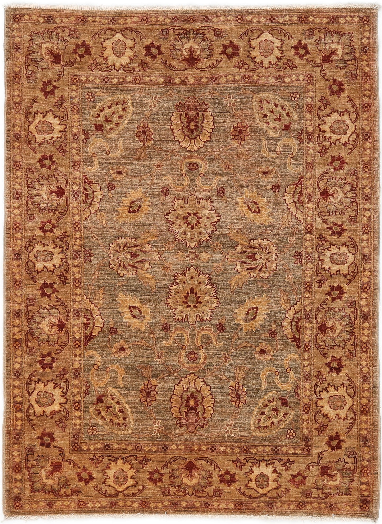 Hand-Knotted Oushak Carpet 4'.2" X 5'.9" Traditional, Green Fine Wool Area Rug 4x6