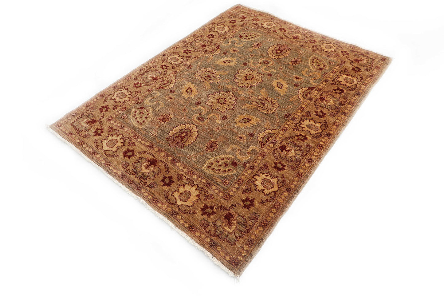 Hand-Knotted Oushak Carpet 4'.2" X 5'.9" Traditional, Green Fine Wool Area Rug 4x6