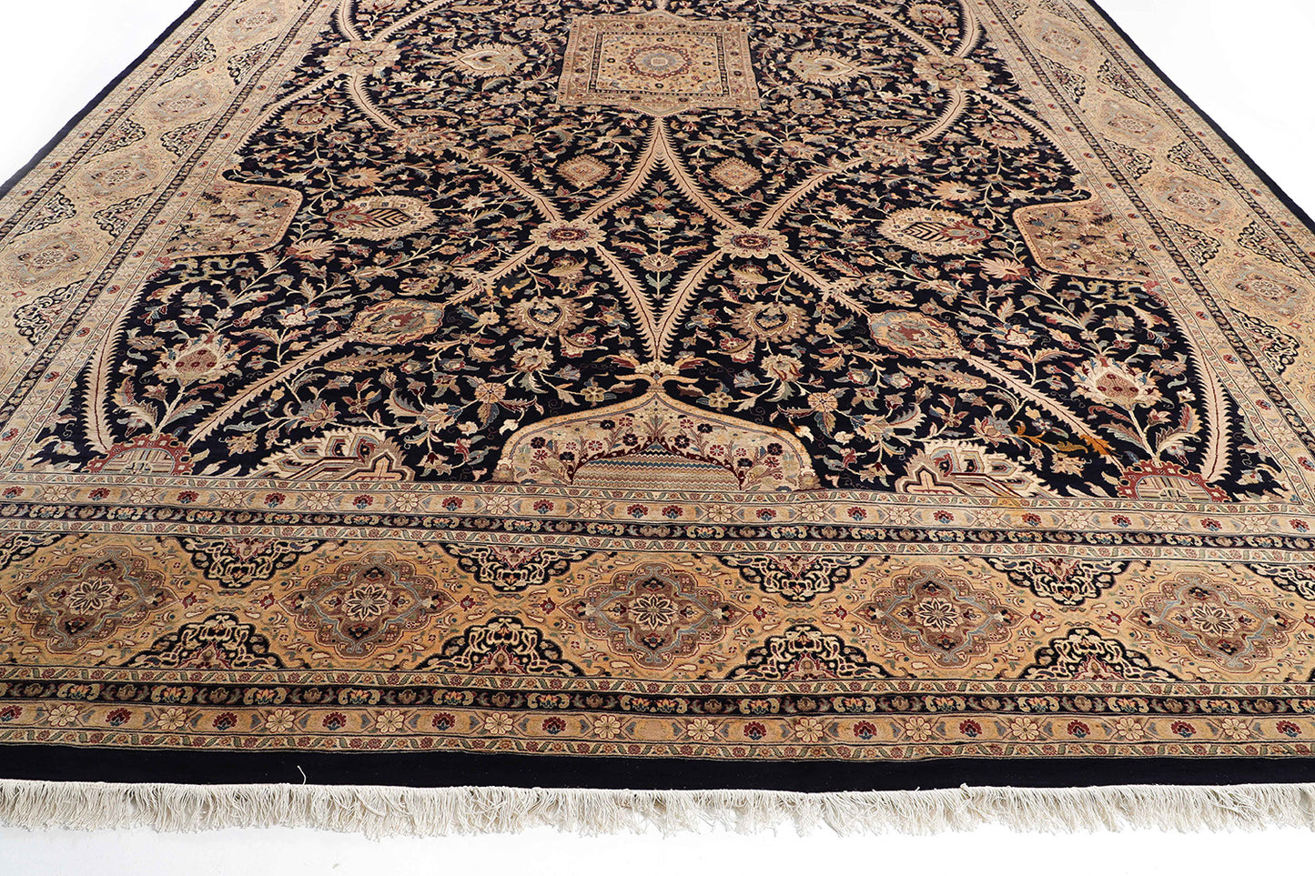 Hand-Knotted Lahore Carpet 12'.2" X 17'.7" Oriental, Blue Fine Wool Area Rug 12x18