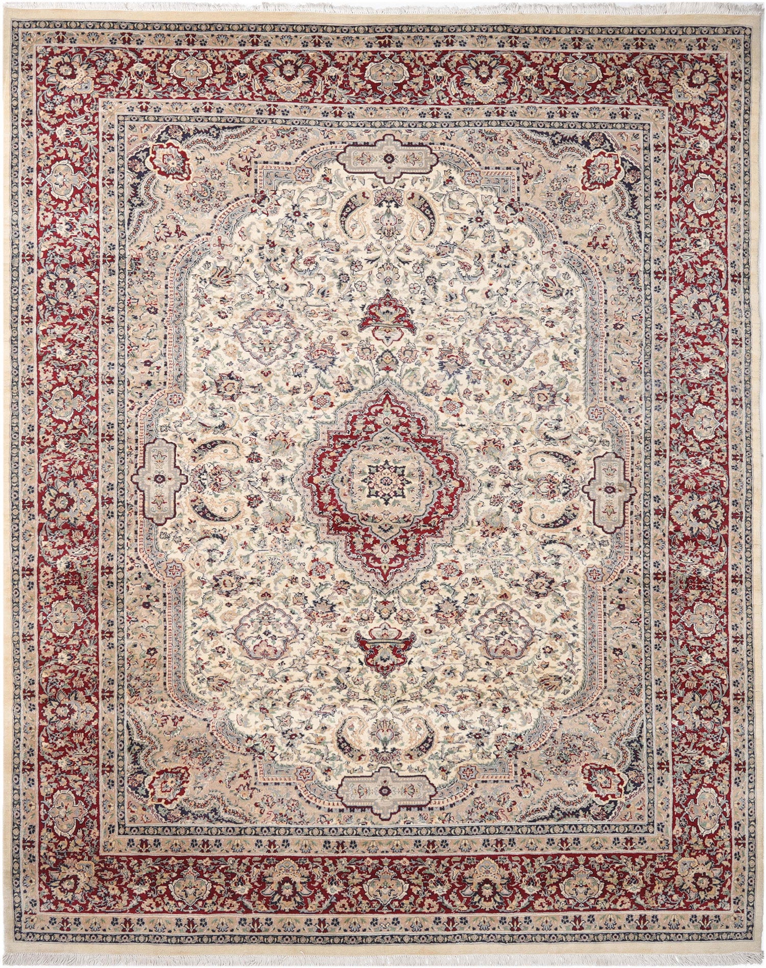 Hand-Knotted Lahore Carpet 7'.11 X 9'.9 Oriental, Ivory Fine Wool Ar –  Meharcarpet