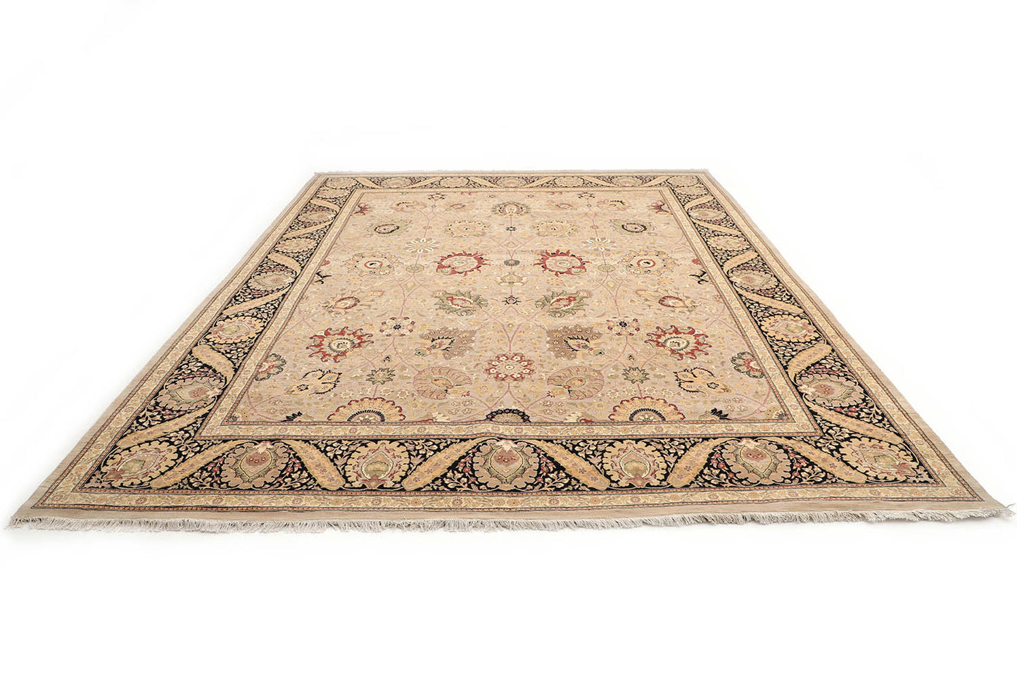 Hand-Knotted Lahore Carpet 12' X 14'.10" Oriental, Bone Fine Wool Area Rug 12x15