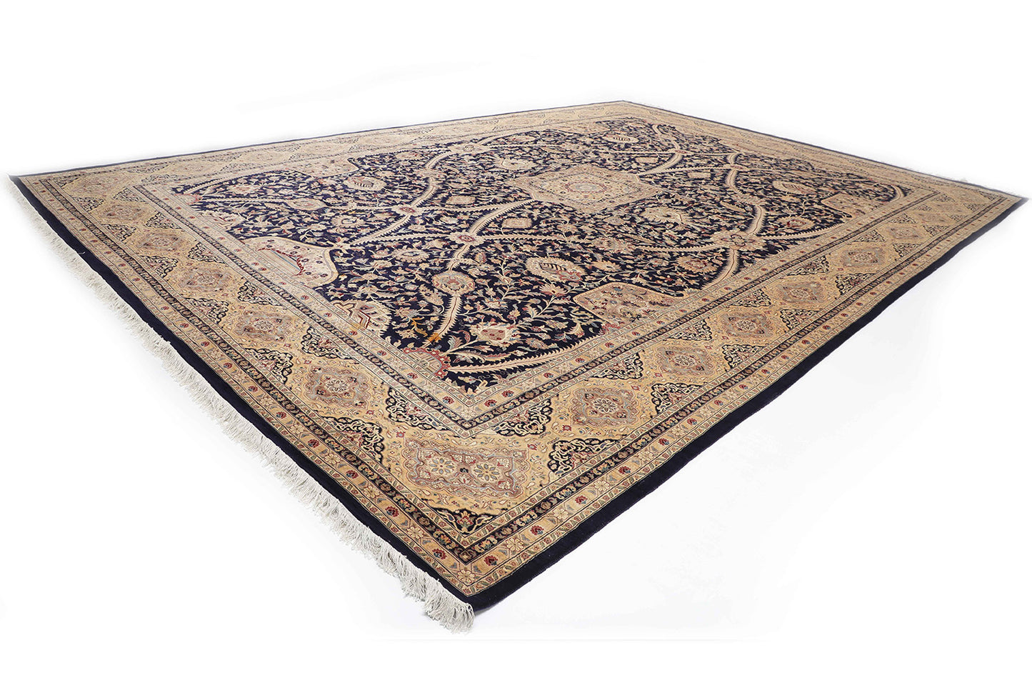 Hand-Knotted Lahore Carpet 12'.2" X 17'.7" Oriental, Blue Fine Wool Area Rug 12x18