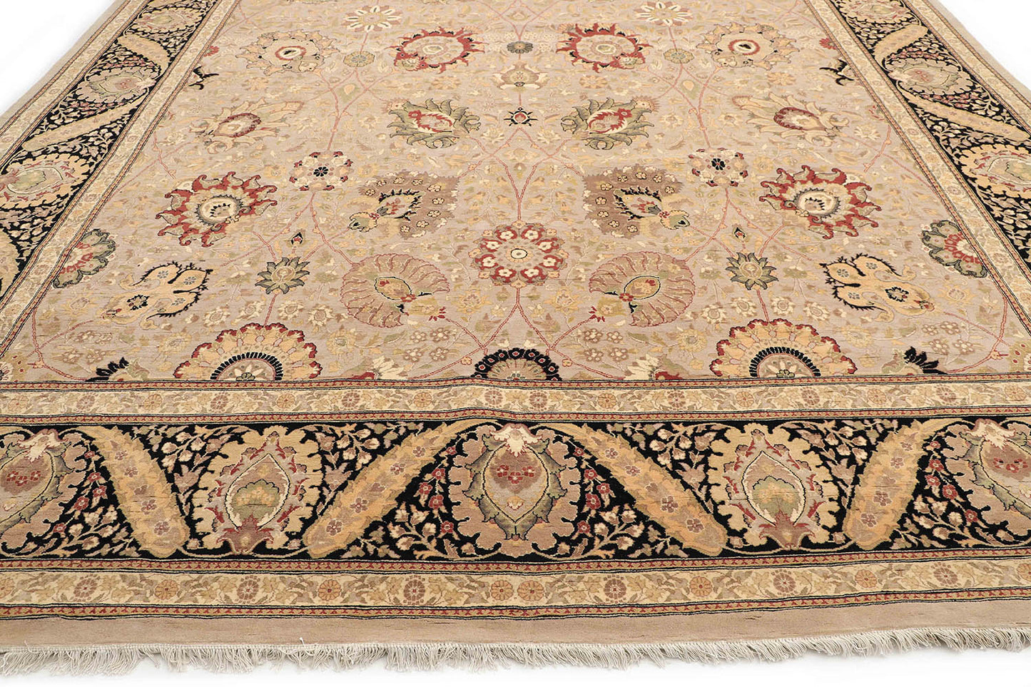 Hand-Knotted Lahore Carpet 12' X 14'.10" Oriental, Bone Fine Wool Area Rug 12x15