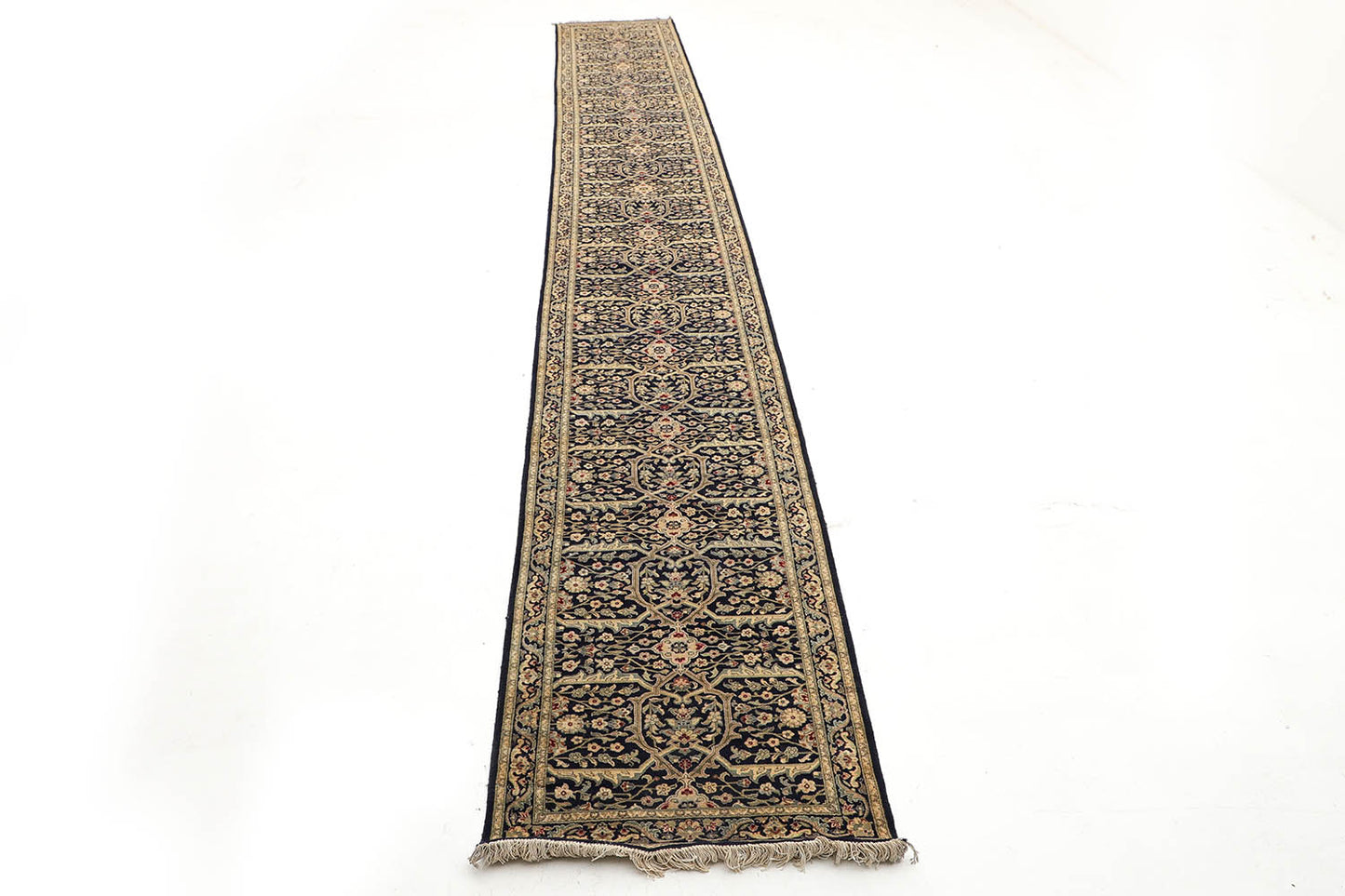 Hand-Knotted Lahore Carpet 2'.7" X 20' Oriental, Blue Fine Wool Runner Rug 2.5x20