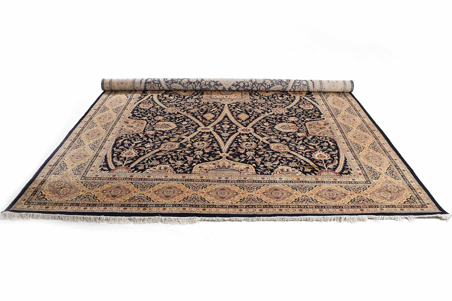 Hand-Knotted Lahore Carpet 12'.2" X 17'.7" Oriental, Blue Fine Wool Area Rug 12x18
