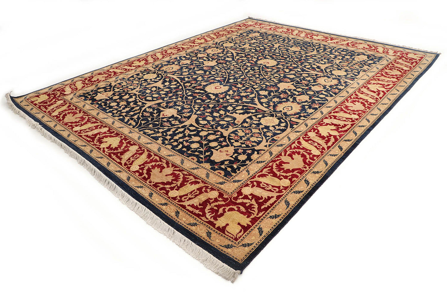 Hand-Knotted Lahore Carpet 9'.1" X 11'.10" Oriental, Red Fine Wool Area Rug 9x12