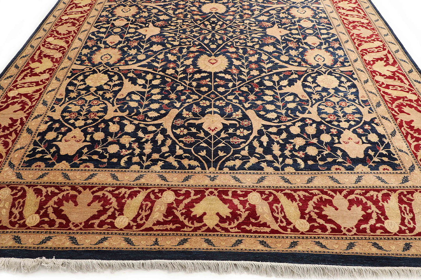 Hand-Knotted Lahore Carpet 9'.1" X 11'.10" Oriental, Red Fine Wool Area Rug 9x12