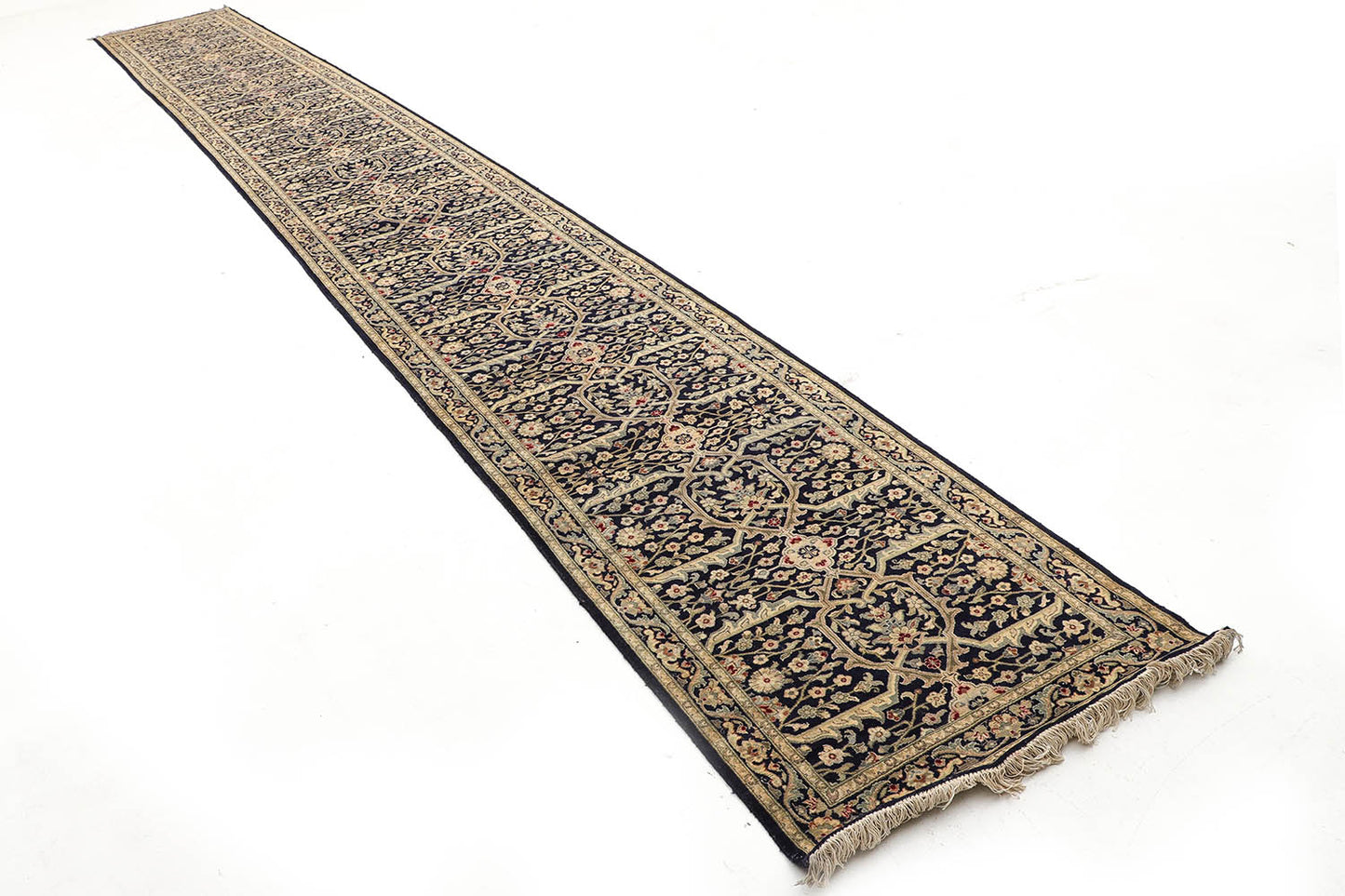 Hand-Knotted Lahore Carpet 2'.7" X 20' Oriental, Blue Fine Wool Runner Rug 2.5x20