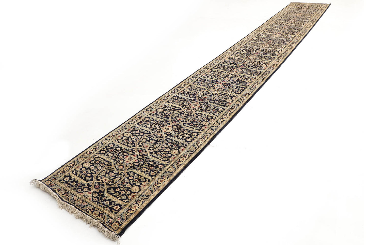Hand-Knotted Lahore Carpet 2'.7" X 20' Oriental, Blue Fine Wool Runner Rug 2.5x20