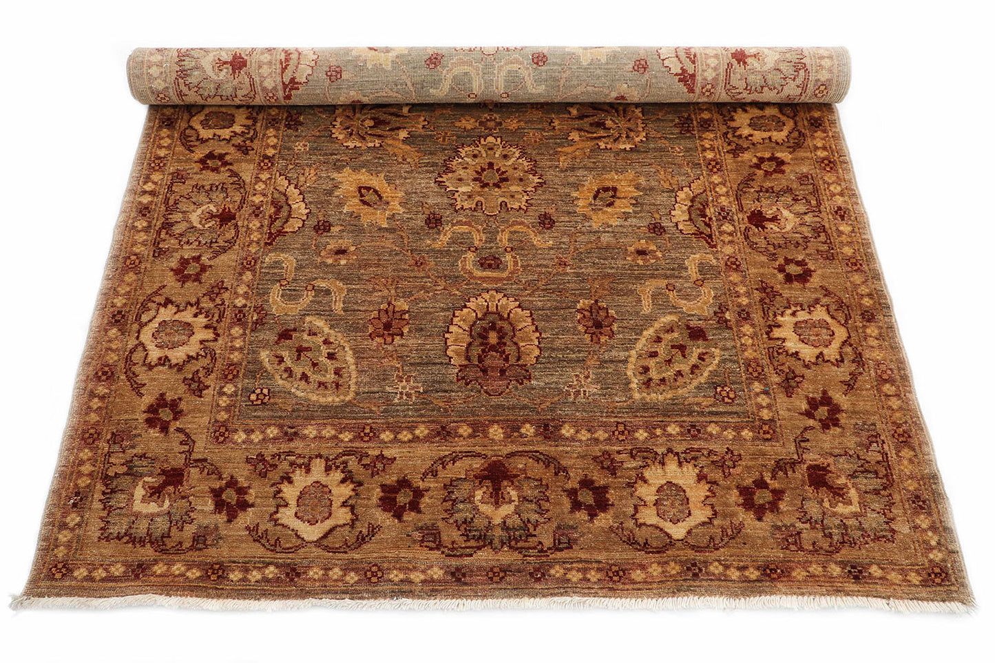 Hand-Knotted Oushak Carpet 4'.2" X 5'.9" Traditional, Green Fine Wool Area Rug 4x6