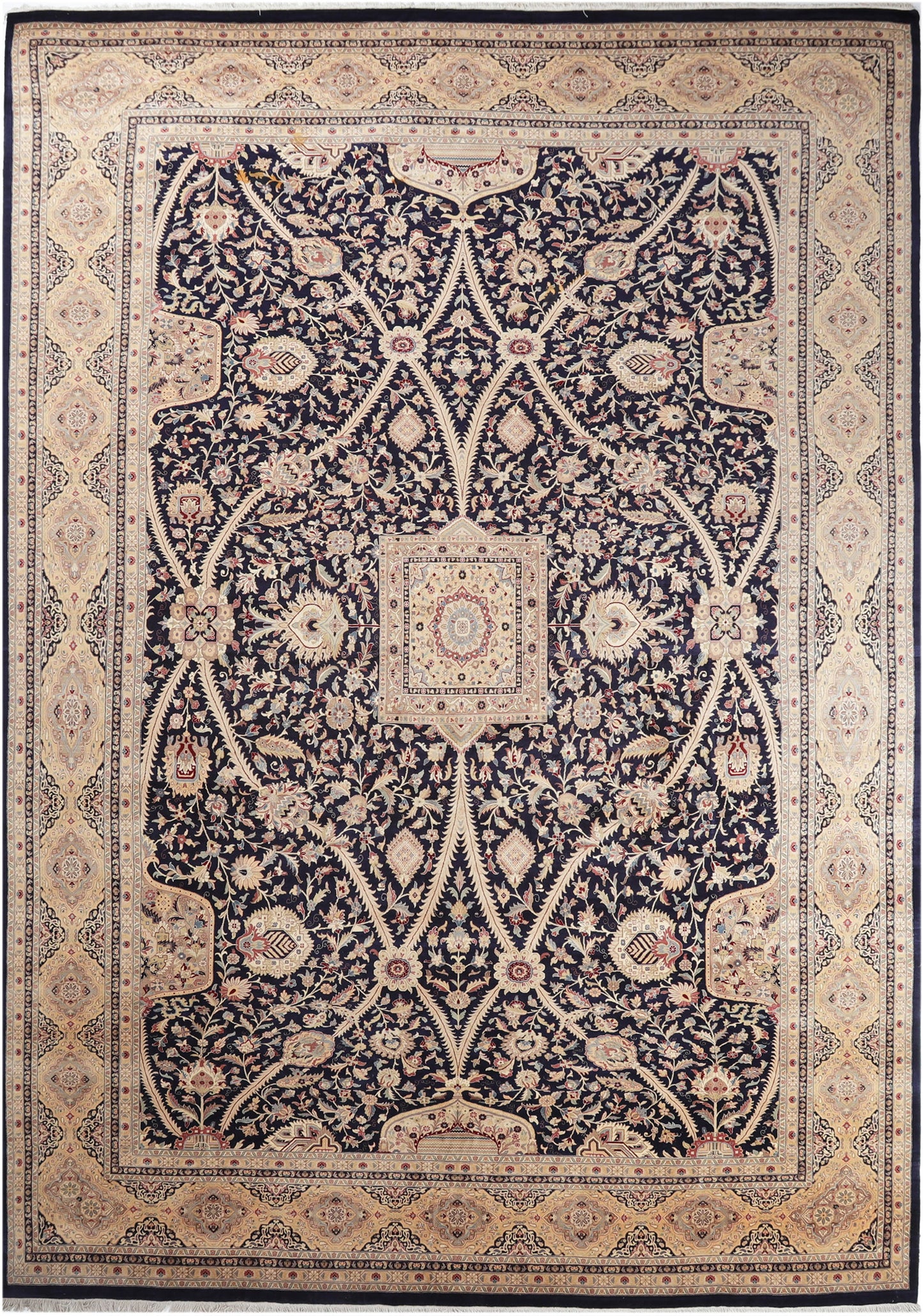 Hand-Knotted Lahore Carpet 12'.2" X 17'.7" Oriental, Blue Fine Wool Area Rug 12x18
