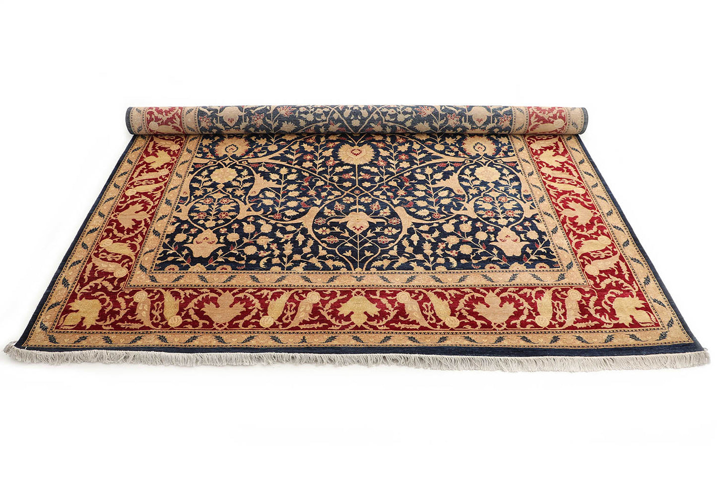 Hand-Knotted Lahore Carpet 9'.1" X 11'.10" Oriental, Red Fine Wool Area Rug 9x12