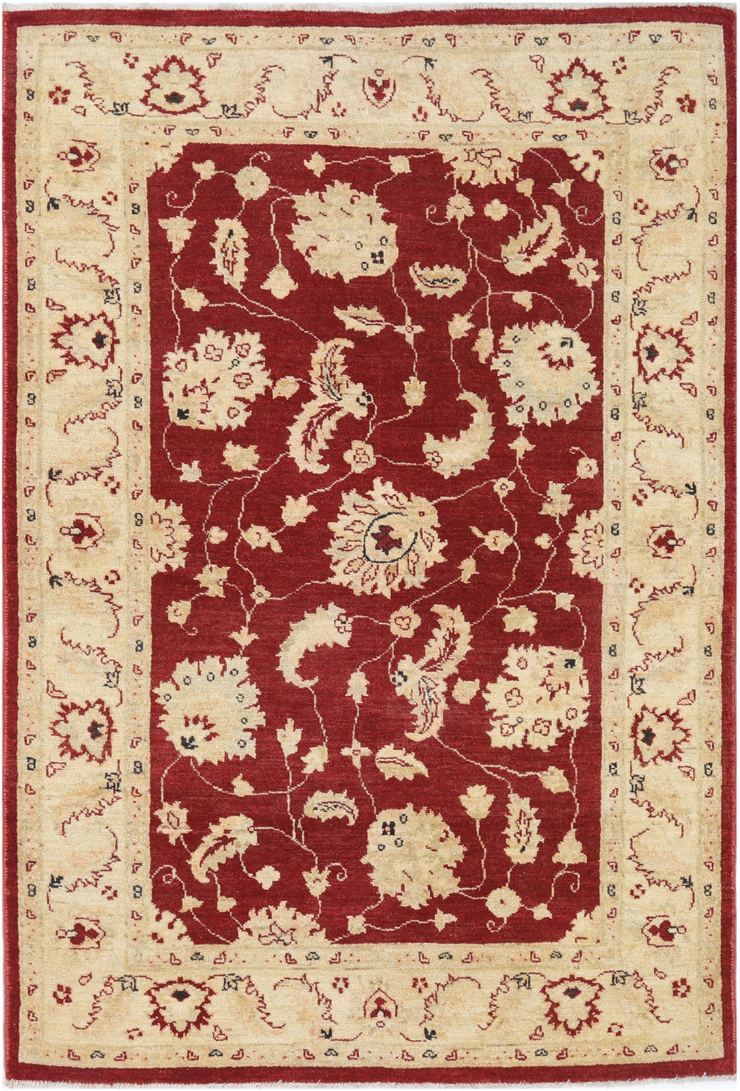 Hand-Knotted Oushak Carpet 4'.1" X 6' Traditional, Red Fine Wool Area Rug 4x6