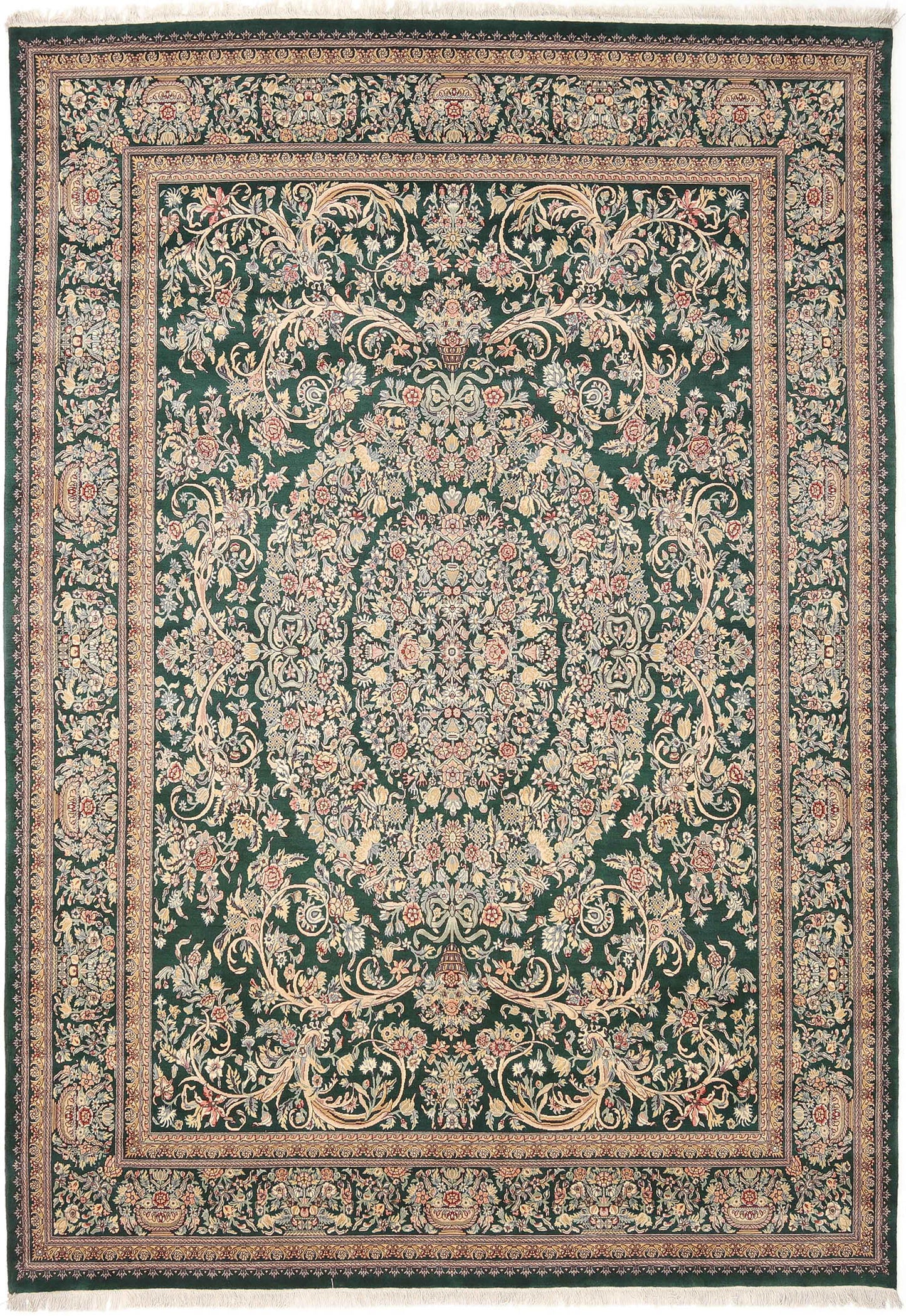 Hand-Knotted Lahore Carpet 9'.7" X 13'.10" Oriental, Green Fine Wool Area Rug 10x14