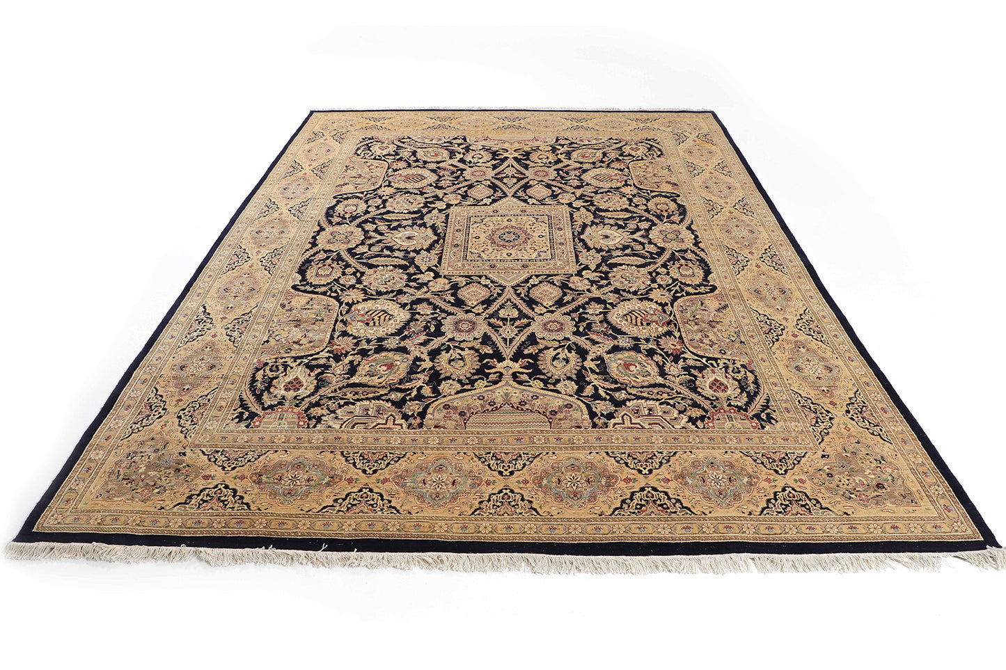 Hand-Knotted Lahore Carpet 9' X 12'.1" Oriental, Blue Fine Wool Area Rug 9x12