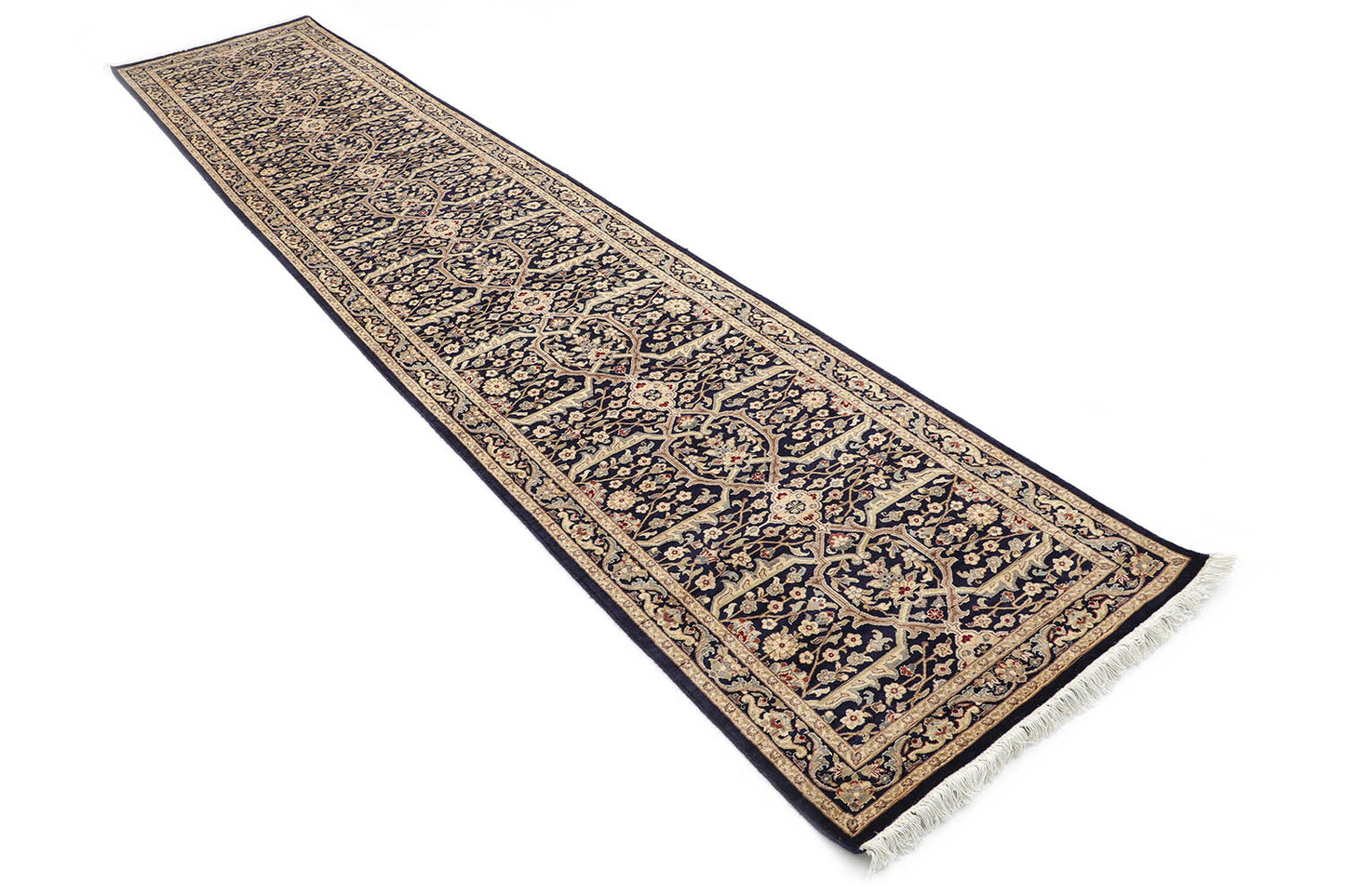 Hand-Knotted Lahore Carpet 2'.7" X 12'.2" Oriental, Blue Fine Wool Runner Rug 2.5x12