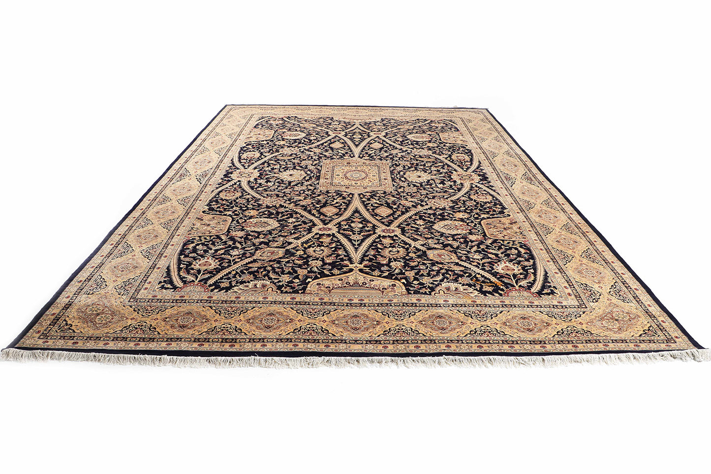 Hand-Knotted Lahore Carpet 12'.2" X 17'.7" Oriental, Blue Fine Wool Area Rug 12x18