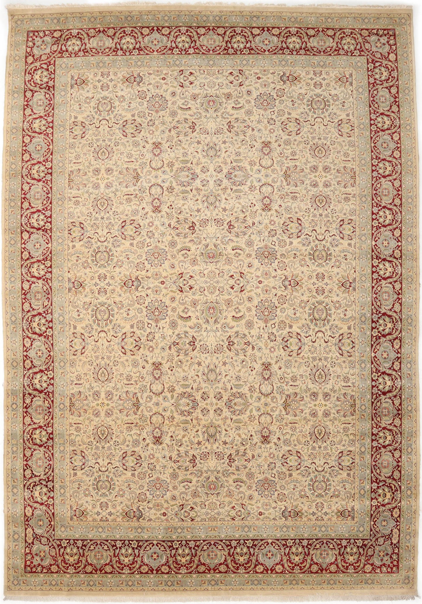 Hand-Knotted Lahore Carpet 12' X 17' Oriental, Bone Fine Wool Area Rug 12x17