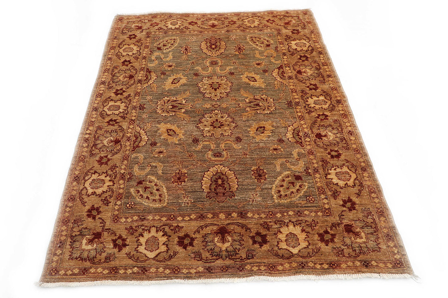 Hand-Knotted Oushak Carpet 4'.2" X 5'.9" Traditional, Green Fine Wool Area Rug 4x6