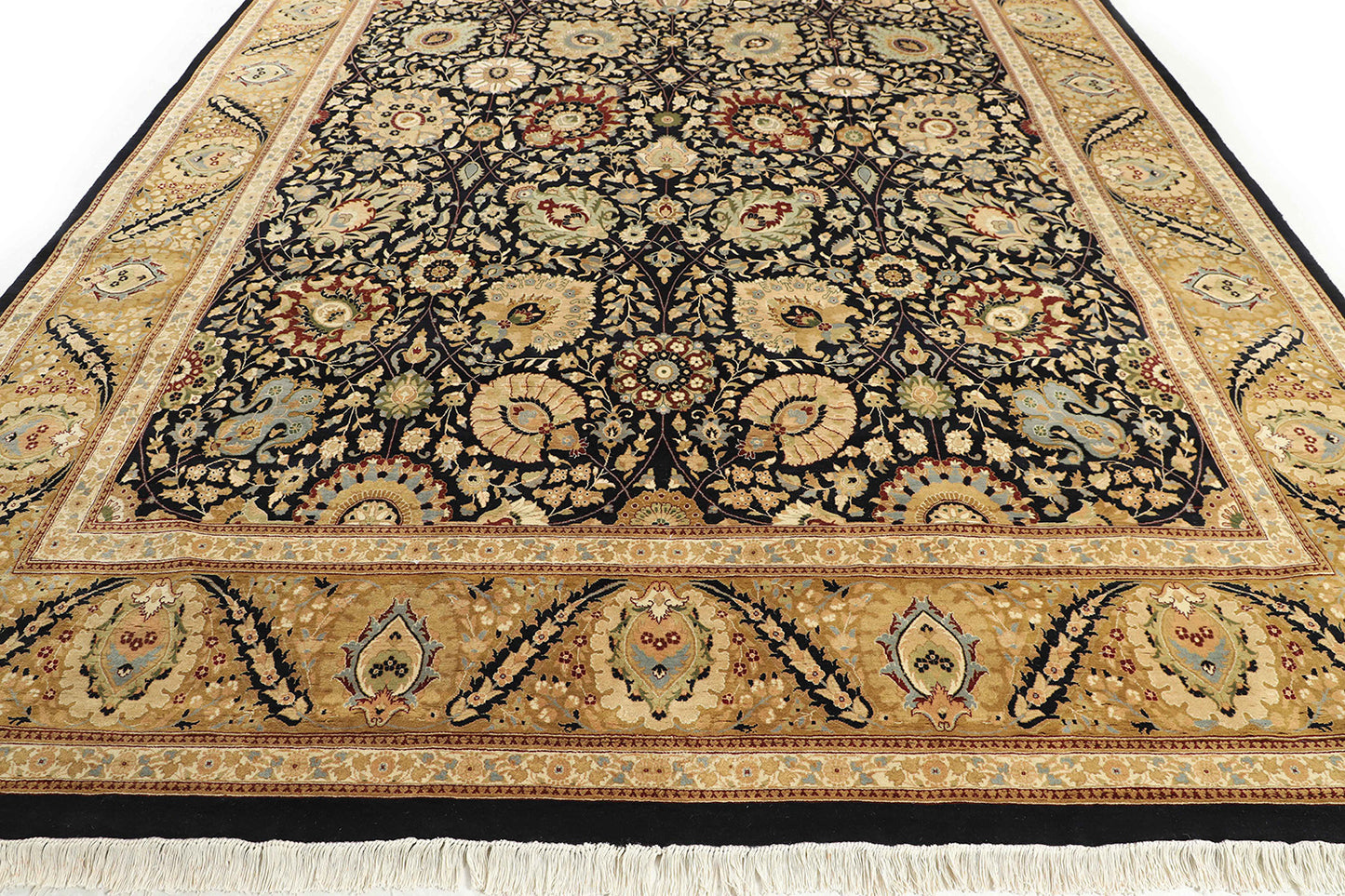 Hand-Knotted Lahore Carpet 9'.9" X 13'.11" Oriental, Black Fine Wool Area Rug 10x14