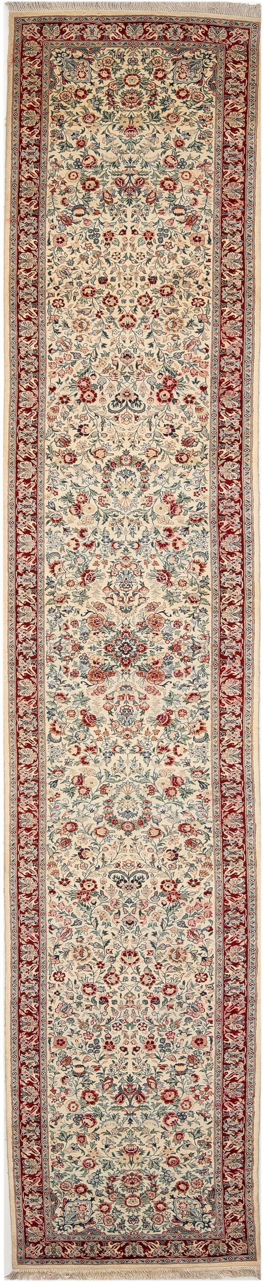 Hand-Knotted Lahore Carpet 2'.8" X 15'.2" Oriental, Ivory Fine Wool Runner Rug 2.5x16