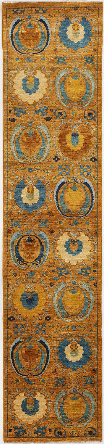 Hand-Knotted Bohemian Carpet 2'.8" X 12'.5" Transitional, Gold Fine Wool Runner Rug 2.5x12 D57083