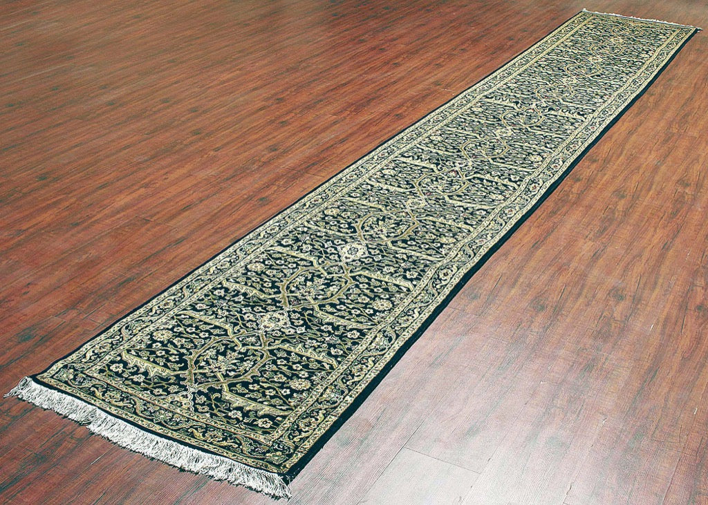 2.5X16 Hand-Knotted Lahore Carpet Oriental Blue Fine Wool Runner Rug D40593