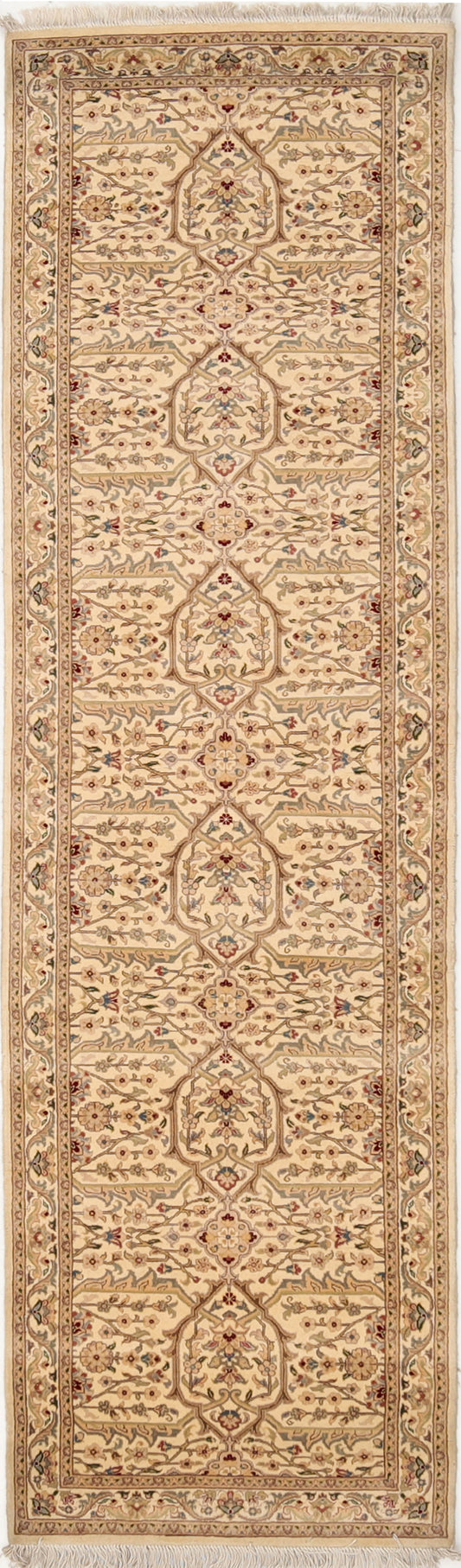 Hand-Knotted Lahore Carpet 2'.8" X 9'.1" Oriental, Ivory Fine Wool Runner Rug 2.5x10