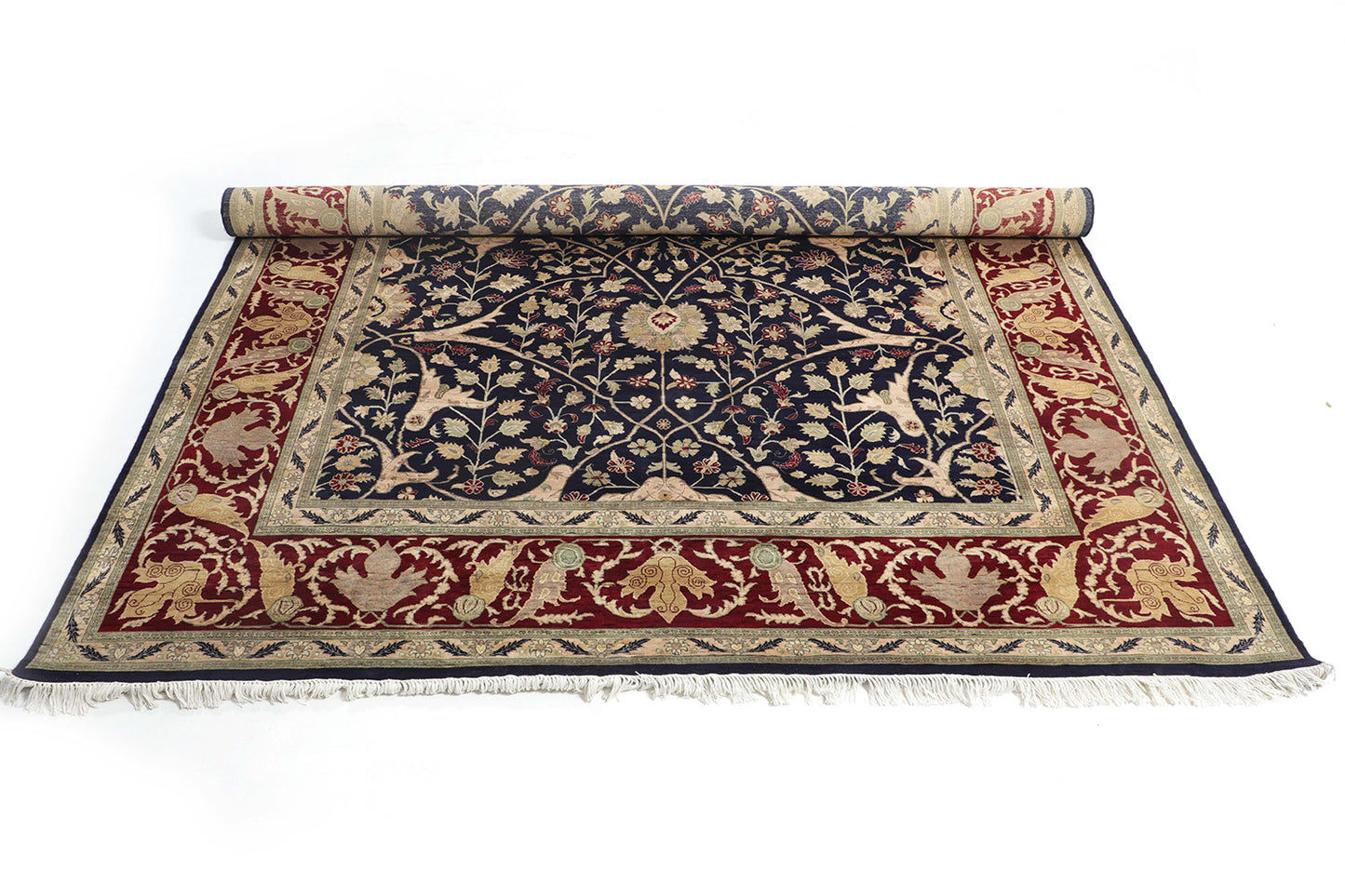 Hand-Knotted Lahore Carpet 7'.11" X 9'.10" Oriental, Blue Fine Wool Area Rug 8x10