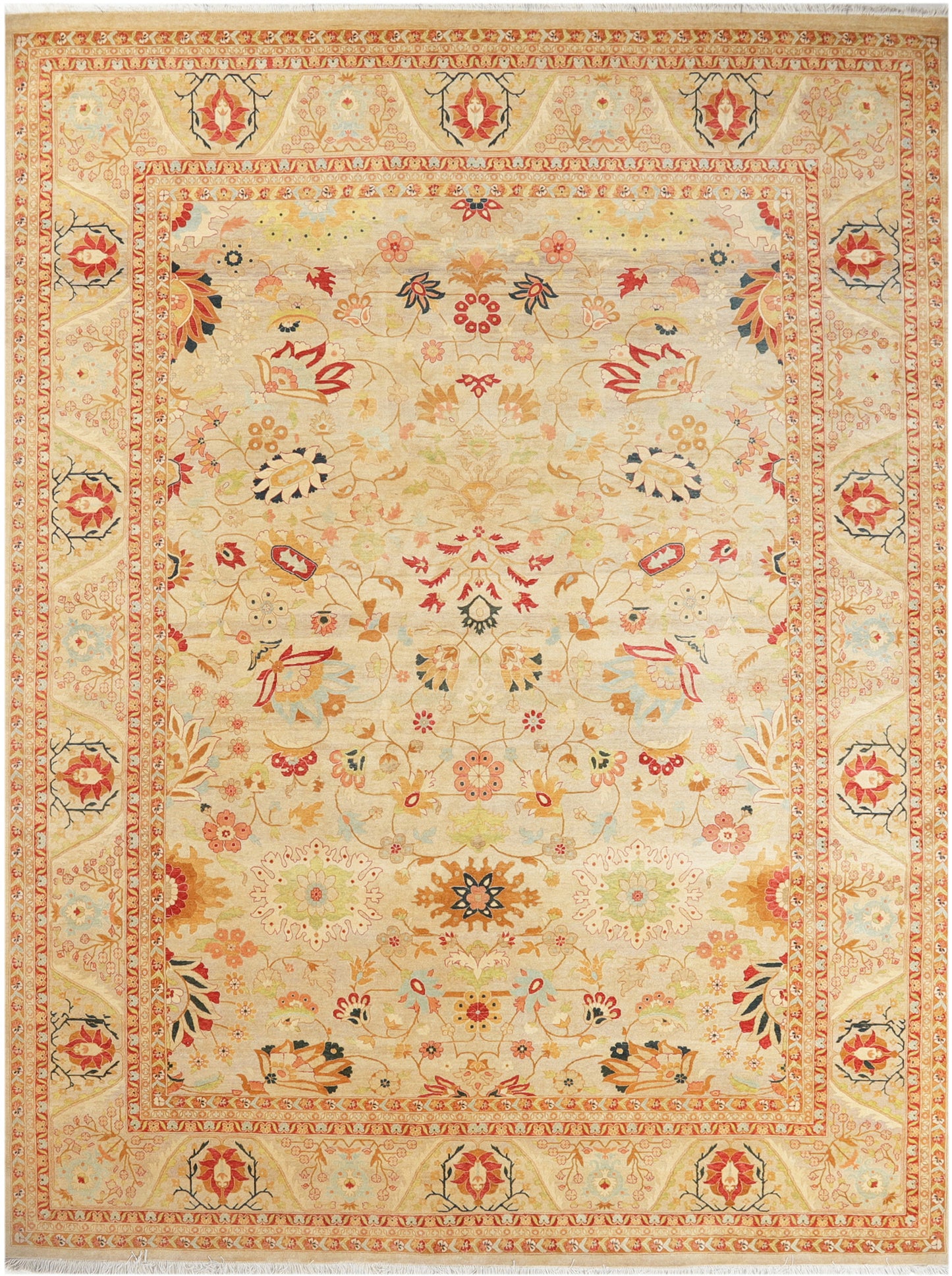 Hand-Knotted Lahore Carpet 9'.3" X 12'.4" Oriental, Beige Fine Wool Area Rug 9x12