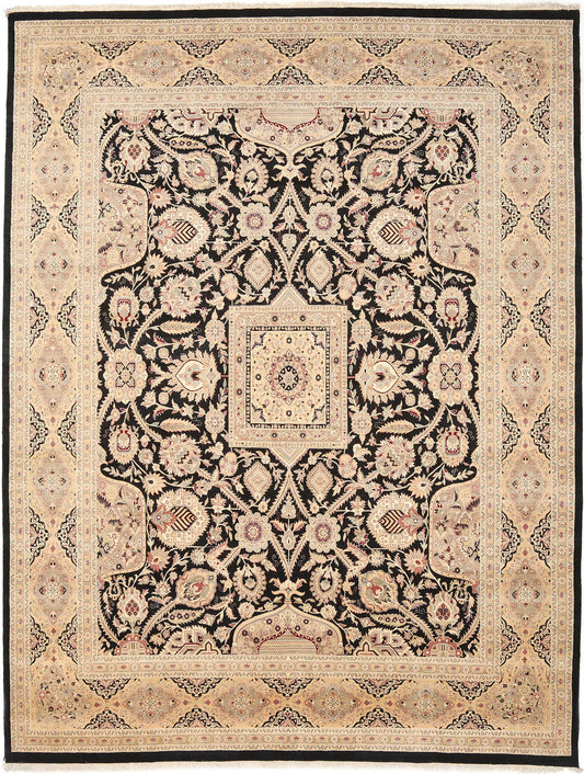 Hand-Knotted Lahore Carpet 9'.9" X 12'.10" Oriental, Black Fine Wool Area Rug 10x14
