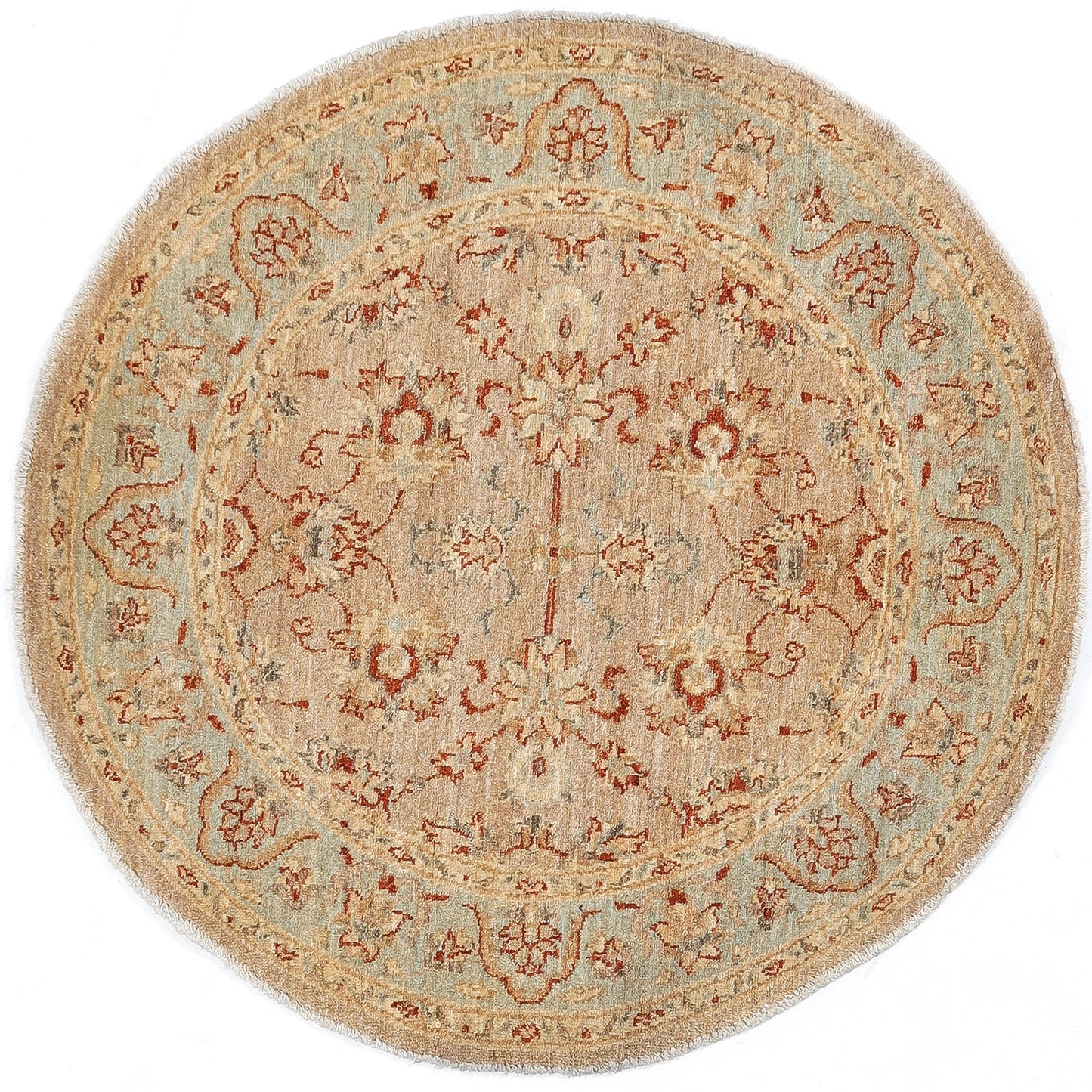 Hand-Knotted Oushak Carpet 4'.1" X 4'.1" Traditional, Camel Fine Wool Round Rug 4x4