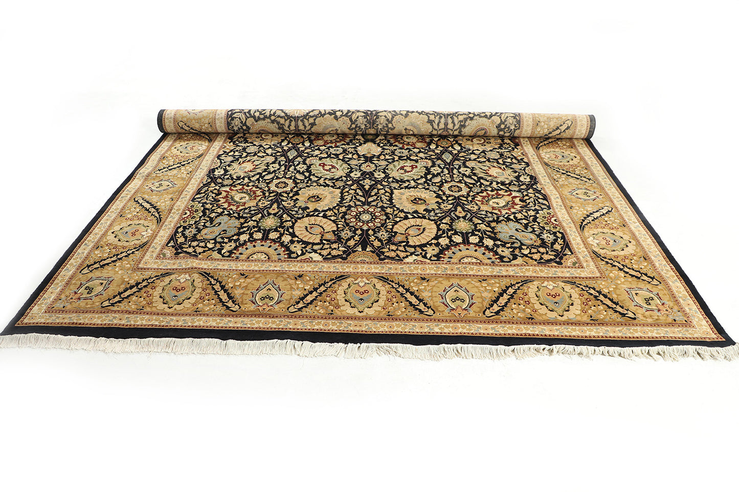 Hand-Knotted Lahore Carpet 9'.9" X 13'.11" Oriental, Black Fine Wool Area Rug 10x14
