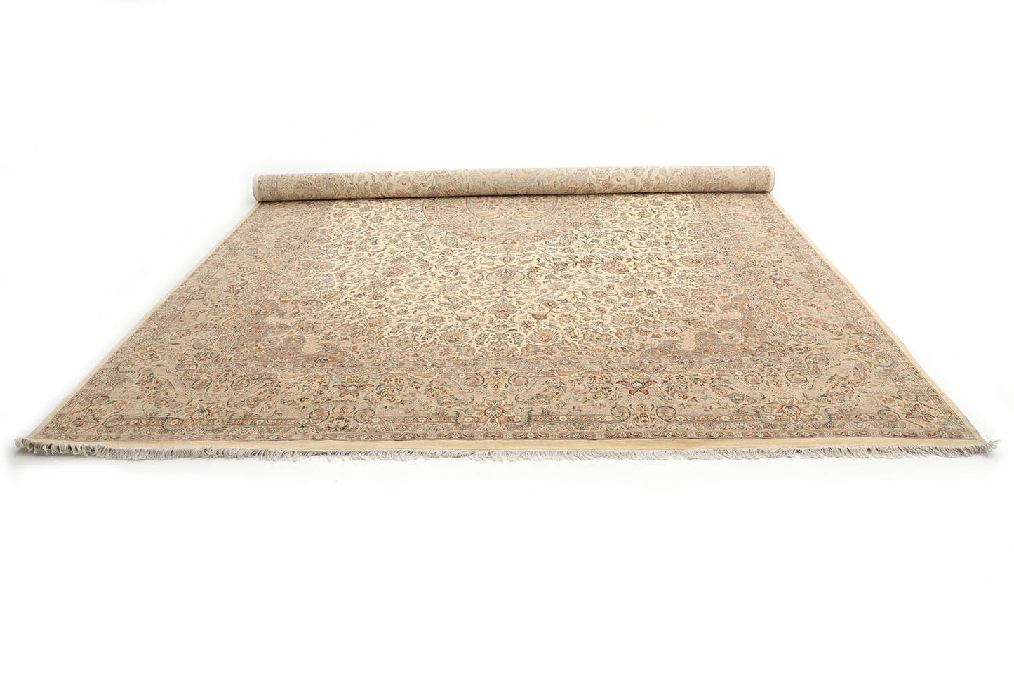 Hand-Knotted Lahore Carpet 11'.11" X 18'.1" Oriental, Ivory Fine Wool Area Rug 12x18