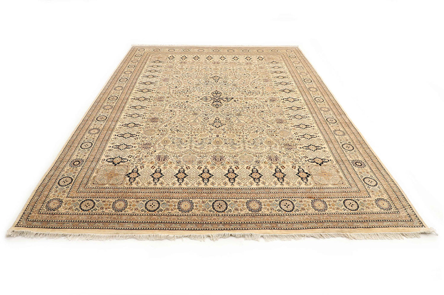Hand-Knotted Lahore Carpet 10' X 14'.1" Oriental, Ivory Fine Wool Area Rug 10x14