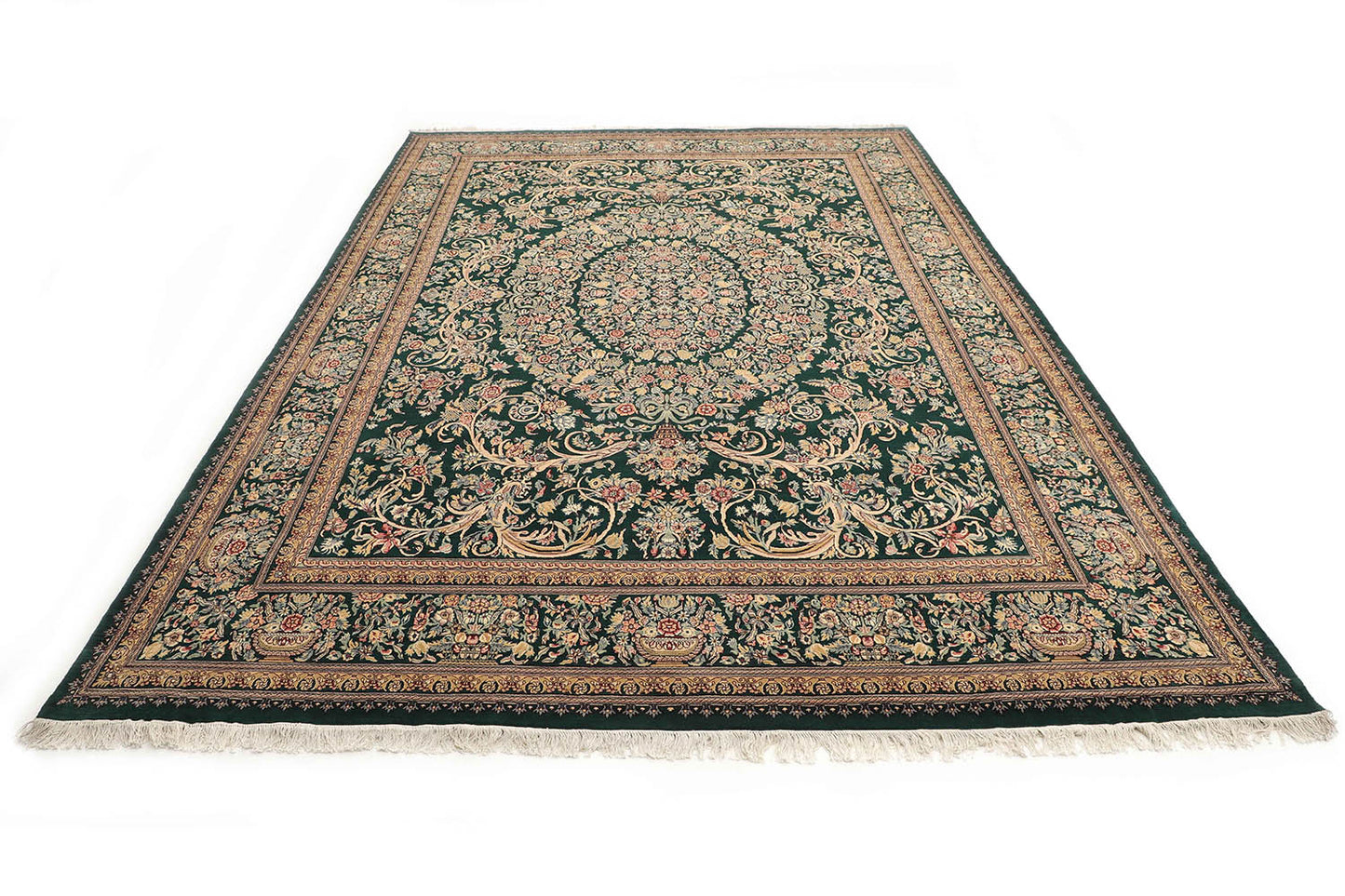 Hand-Knotted Lahore Carpet 9'.7" X 13'.10" Oriental, Green Fine Wool Area Rug 10x14