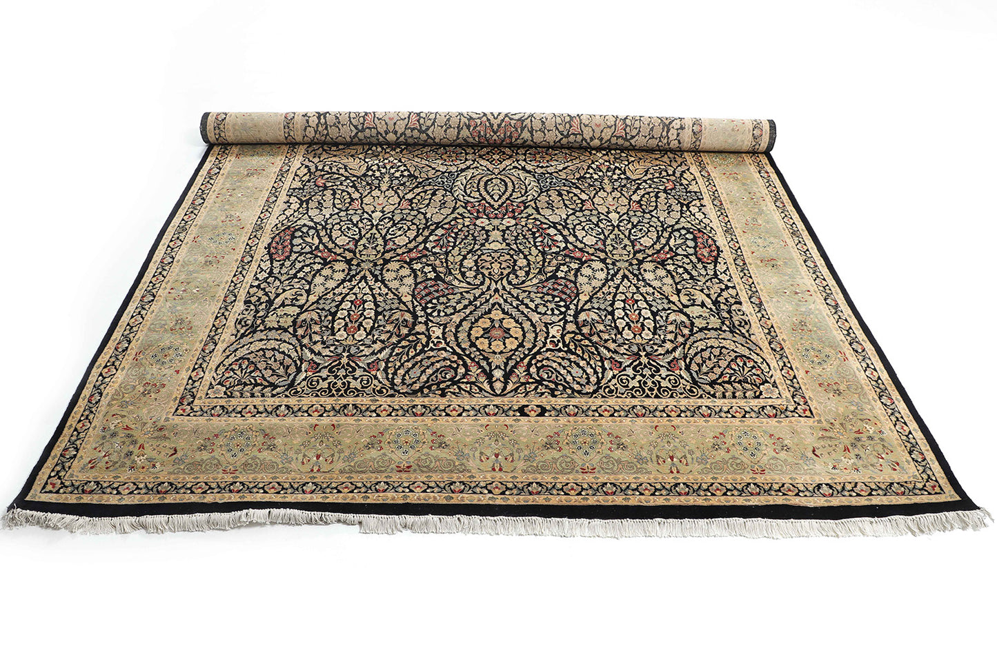 Hand-Knotted Lahore Carpet 8'.10" X 13'.1" Oriental, Black Fine Wool Area Rug 9x12