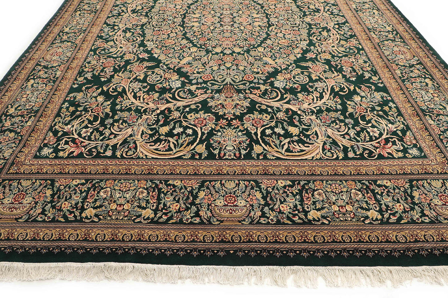 Hand-Knotted Lahore Carpet 9'.7" X 13'.10" Oriental, Green Fine Wool Area Rug 10x14