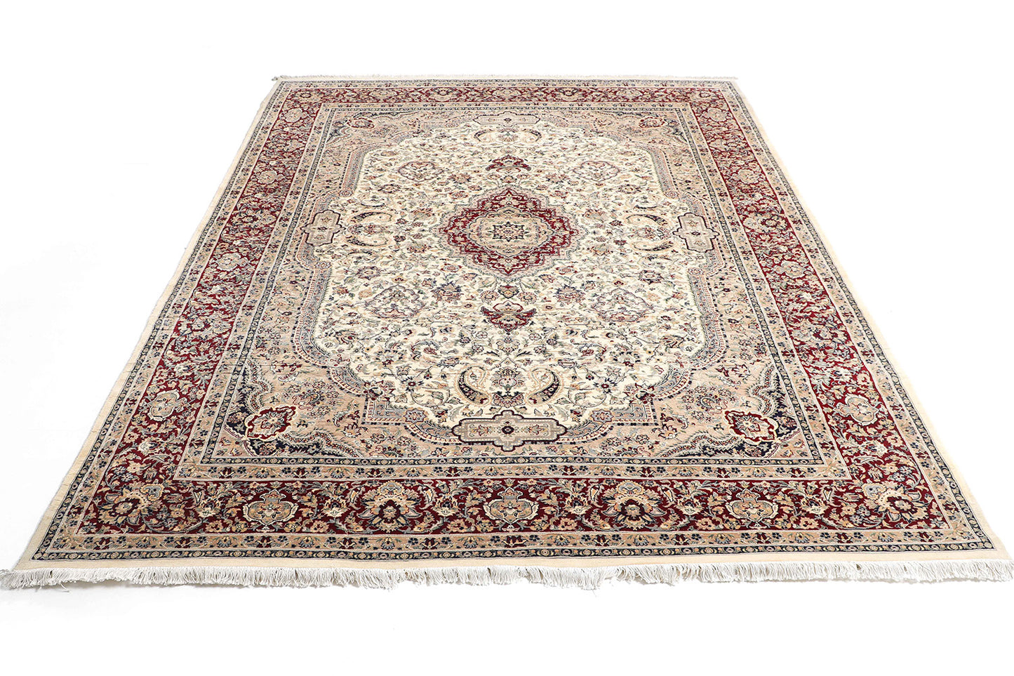 Hand-Knotted Lahore Carpet 7'.11" X 9'.9" Oriental, Ivory Fine Wool Area Rug 8x10