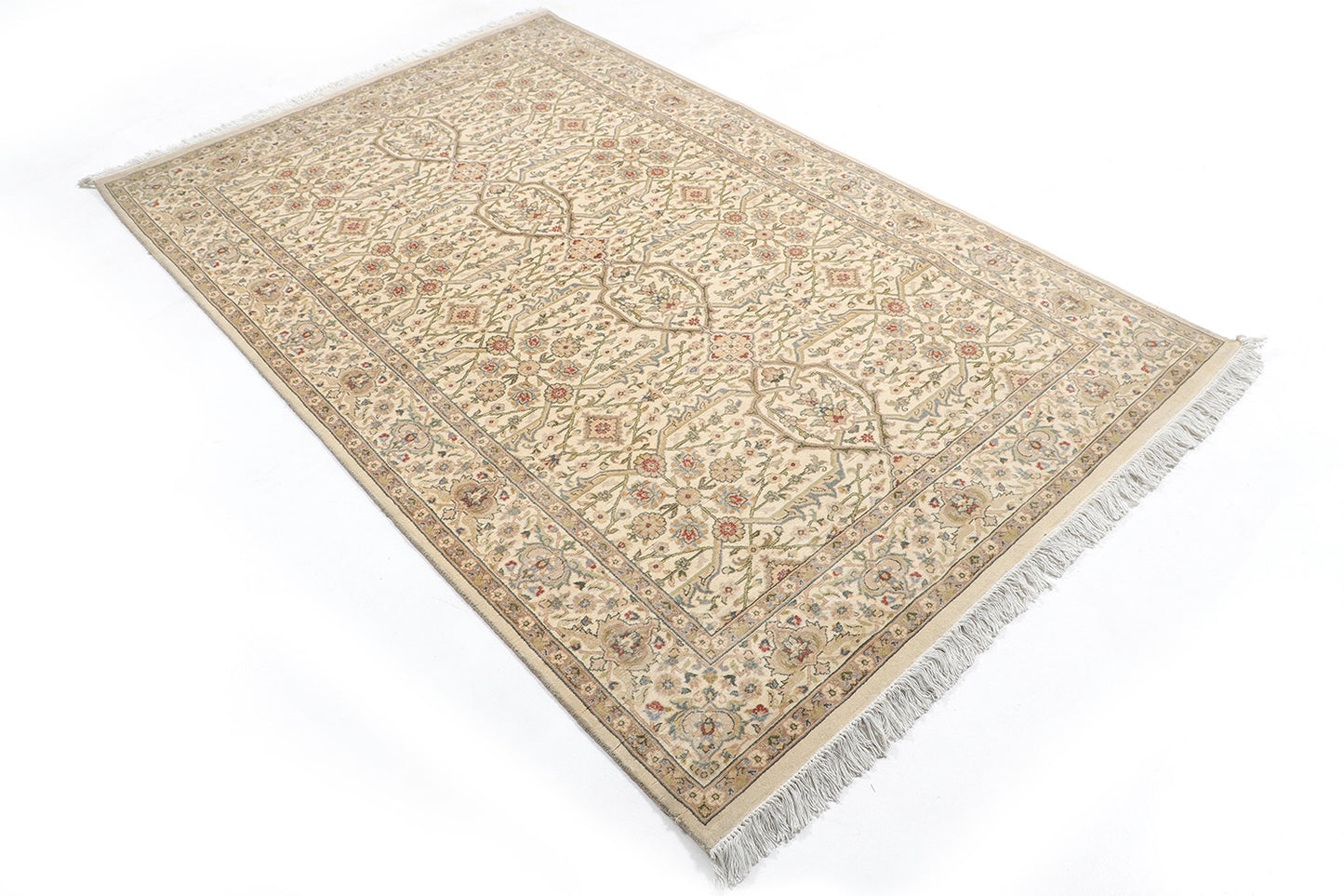Hand-Knotted Lahore Carpet 4'.8" X 7'.1" Oriental, Ivory Fine Wool Area Rug 5x7