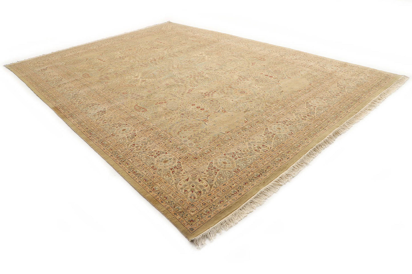 Hand-Knotted Lahore Carpet 10' X 13'.9" Oriental, Khaki Fine Wool Area Rug 10x14