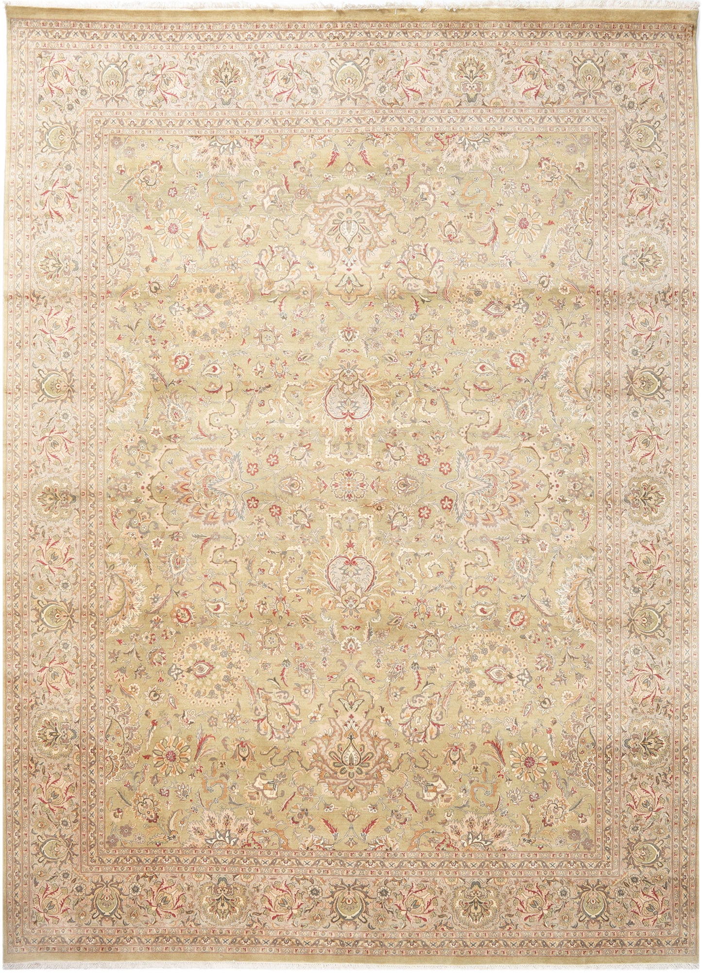 Hand-Knotted Lahore Carpet 9' X 12'.4" Oriental, Green Fine Wool Area Rug 9x12